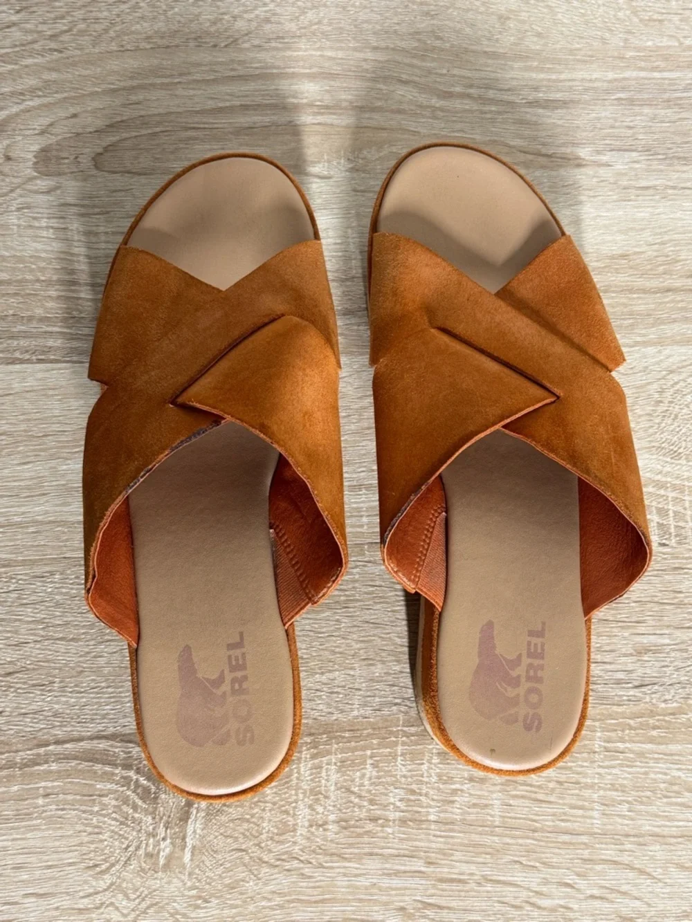Sorel Women’s 10.5 Cameron Platform Sun Orange Suede Mules Platform Wedge